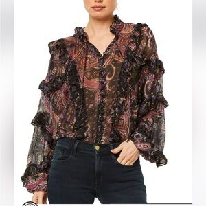NWOT MISA Los Angeles Frida Printed Chiffon Blouse in gypset, size M